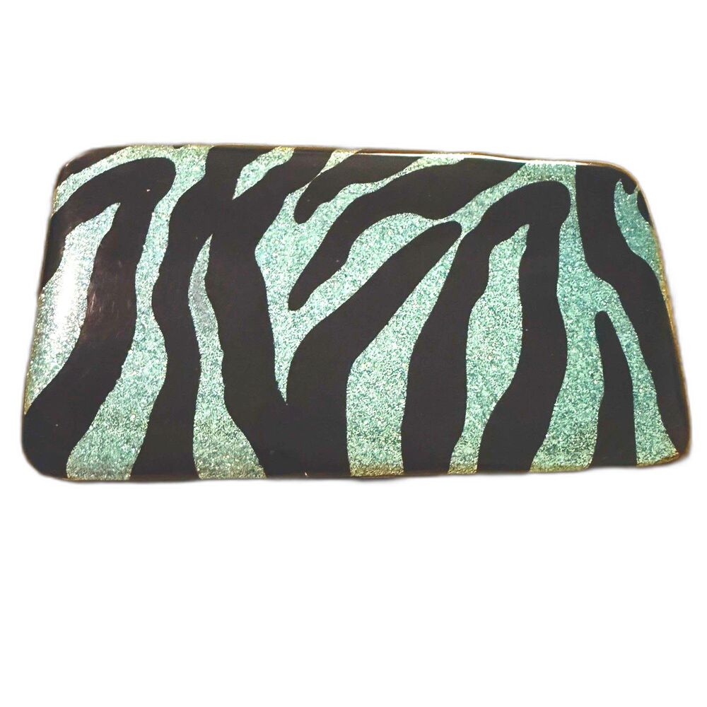 Hard Case Padded Zebra Print Hinged Wallet Aqua/Black Sparkling Brand New 7 “